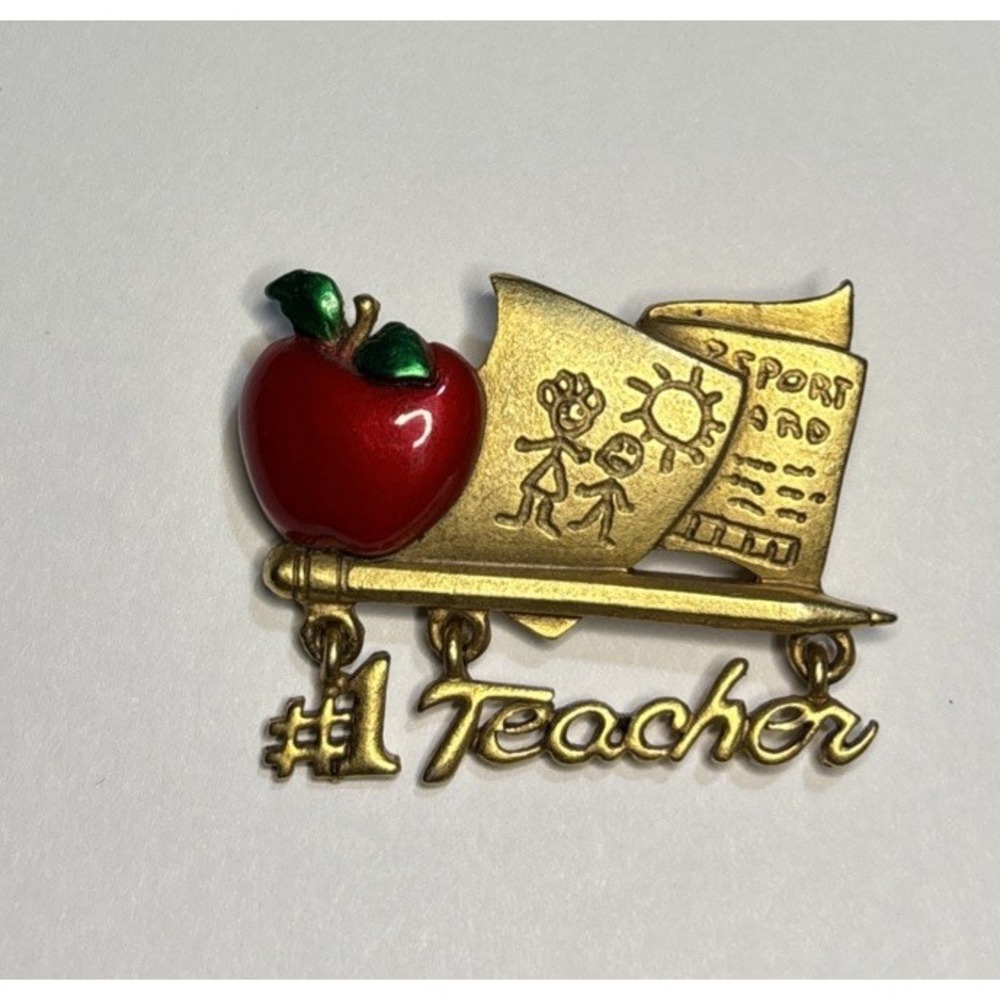 AJC American Jewelry "Teacher" Gold Toned #1 Teacher Apple Pencil Pin Brooch 2"